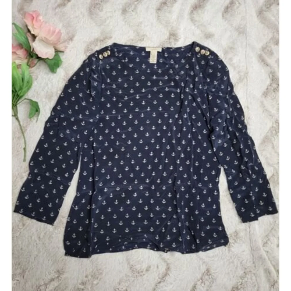 J Crew 100% Silk‎ Button Shoulder Accent Anchor Print Blouse Size 0